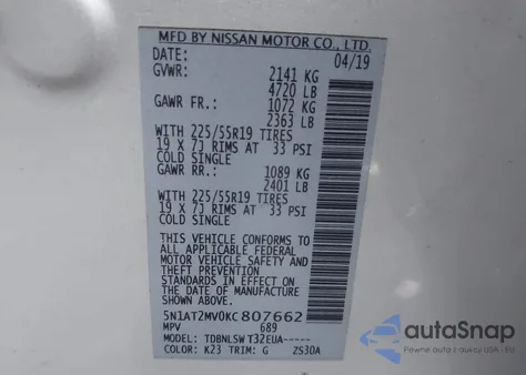 2019 Nissan Rogue Sl z USA, uszkodzony, nr VIN 5N1AT2MV0KC807662